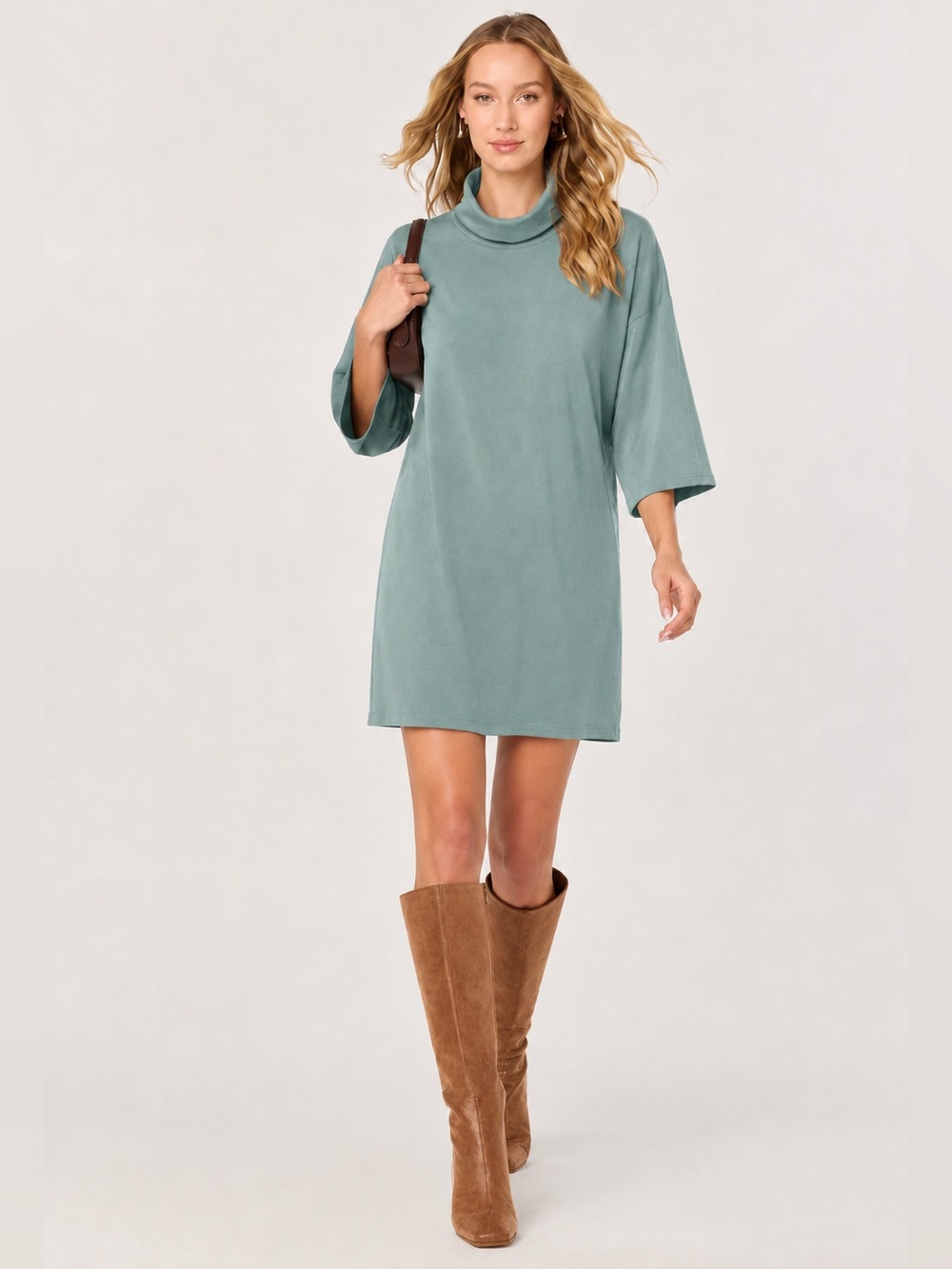 NWT Zara Oversized Funnel Neck Shift Dress Sage Green Elbow Sleeve - Size S